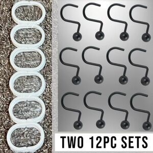 Two 12pc Sets White Plastic & Black Metal Shower Curtain Rings Hooks - Home Bath